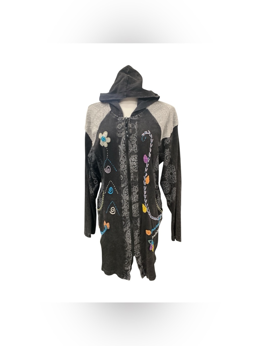Ark Imports Black Hooded Utility Jacket with Colorful Embroidery Size Xl